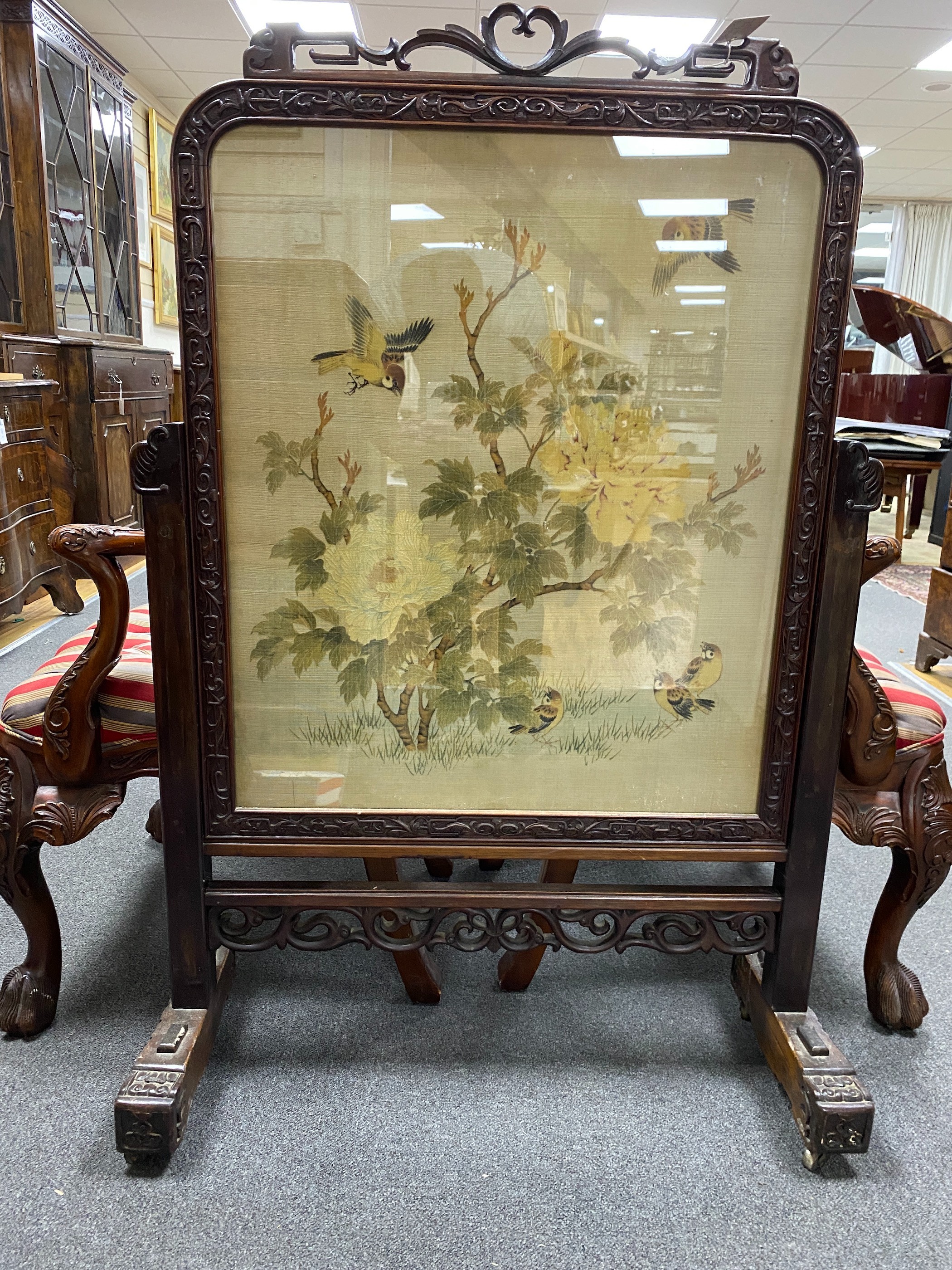 A large Chinese carved hongmu screen inset Japanese painted panel, width 82cm, height 123cm